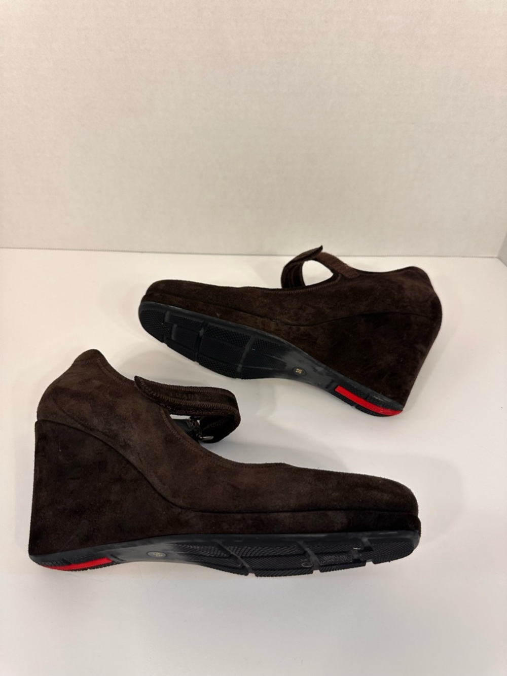 Authentic Prada Dark Brown Suede Mary Jane Wedge Pumps